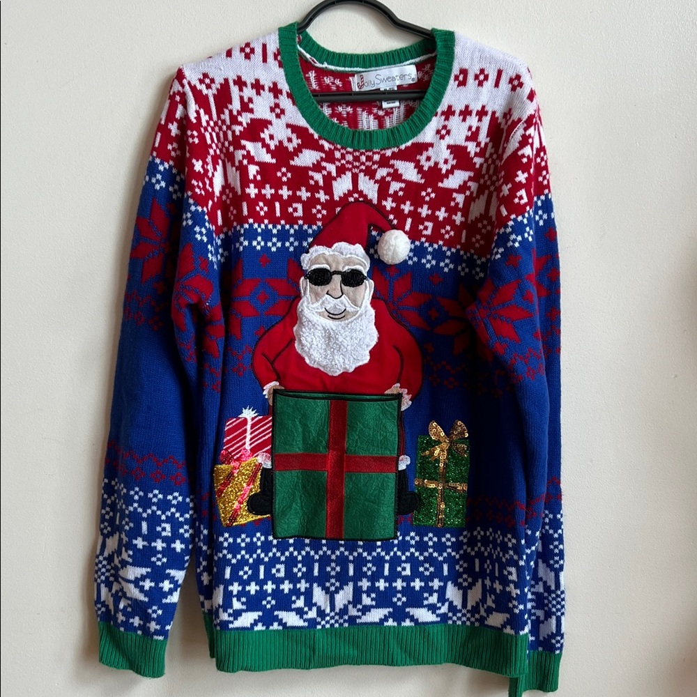 Holiday Santa Crewneck “ugly Christmas sweater “ holds a beverage or gift XL
